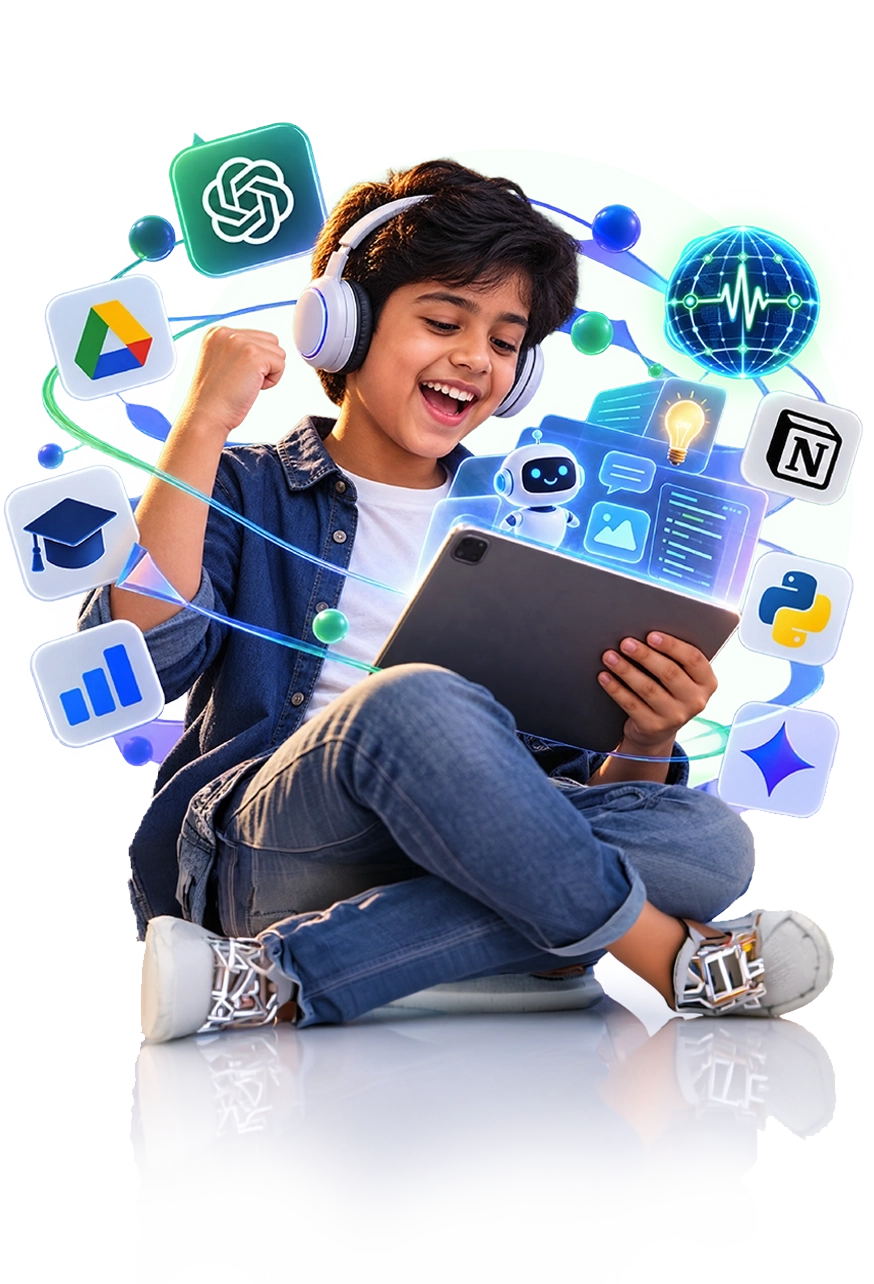 Happy young learner with headphones exploring AI tools on a tablet