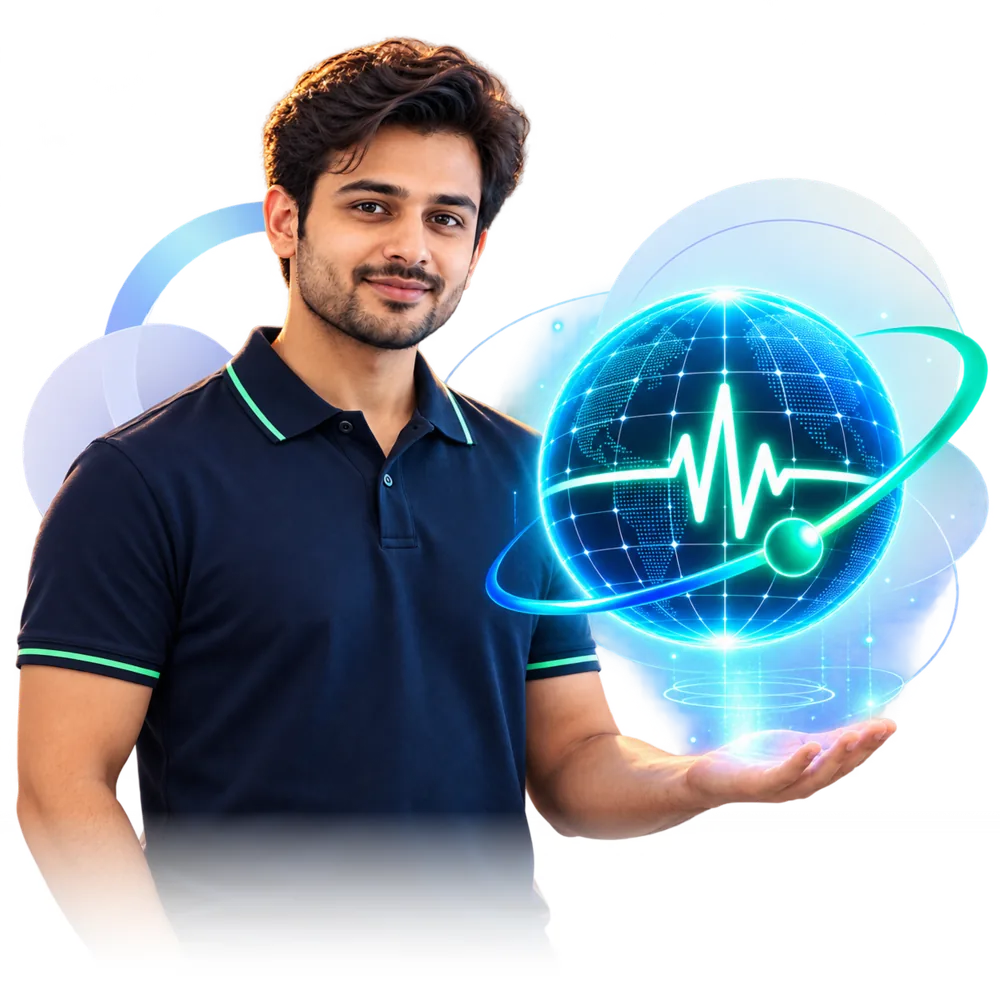 Professional holding the glowing Moris AI Schools globe