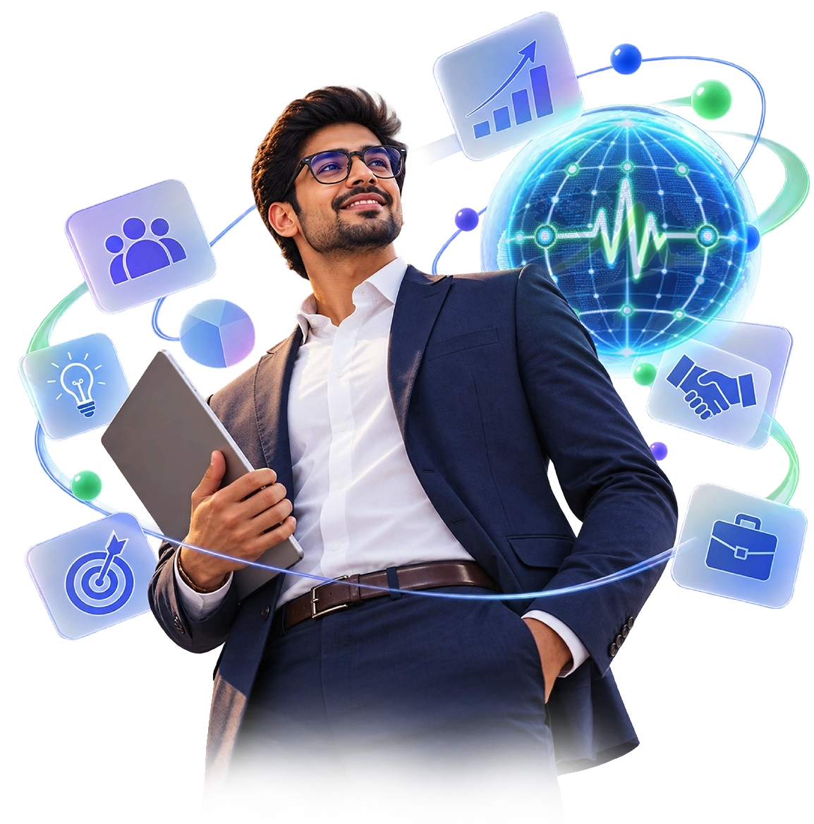 Young professional with a tablet surrounded by growth, teamwork and strategy icons