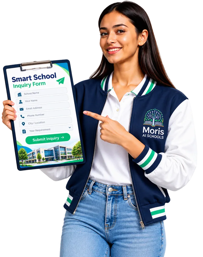 Moris AI Schools team member holding a Smart School inquiry form